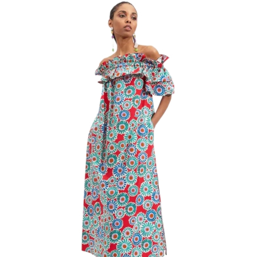 LA DoubleJ Off-Shoulder Maxi Dress in Red, Green, Blue, White